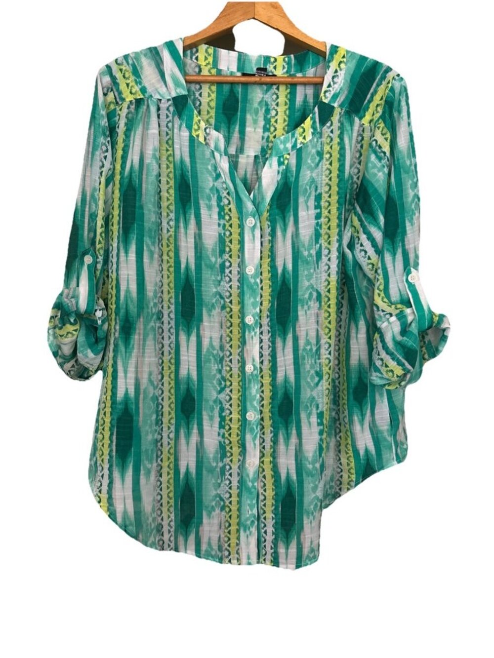 ALYX  Women's Size 1X Green Striped Woven V-neck Button-Up Top Roll Tab Sleeve